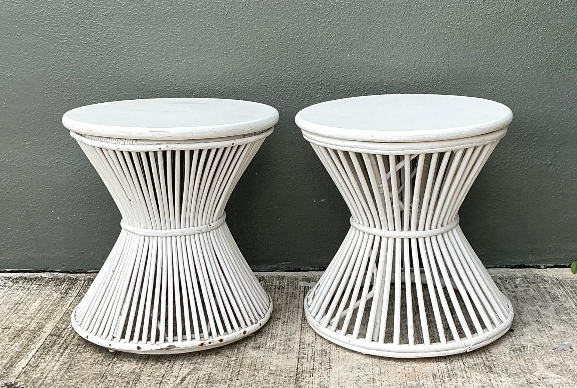 Vintage White Stick Rattan Hourglass Tables - A Pair — additional photo 2