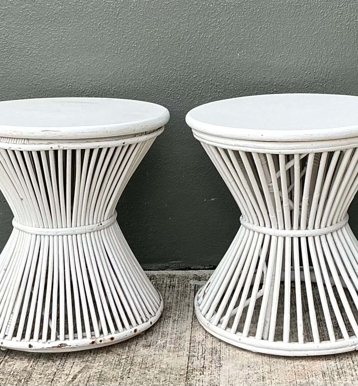 Vintage White Stick Rattan Hourglass Tables - A Pair — additional photo 2