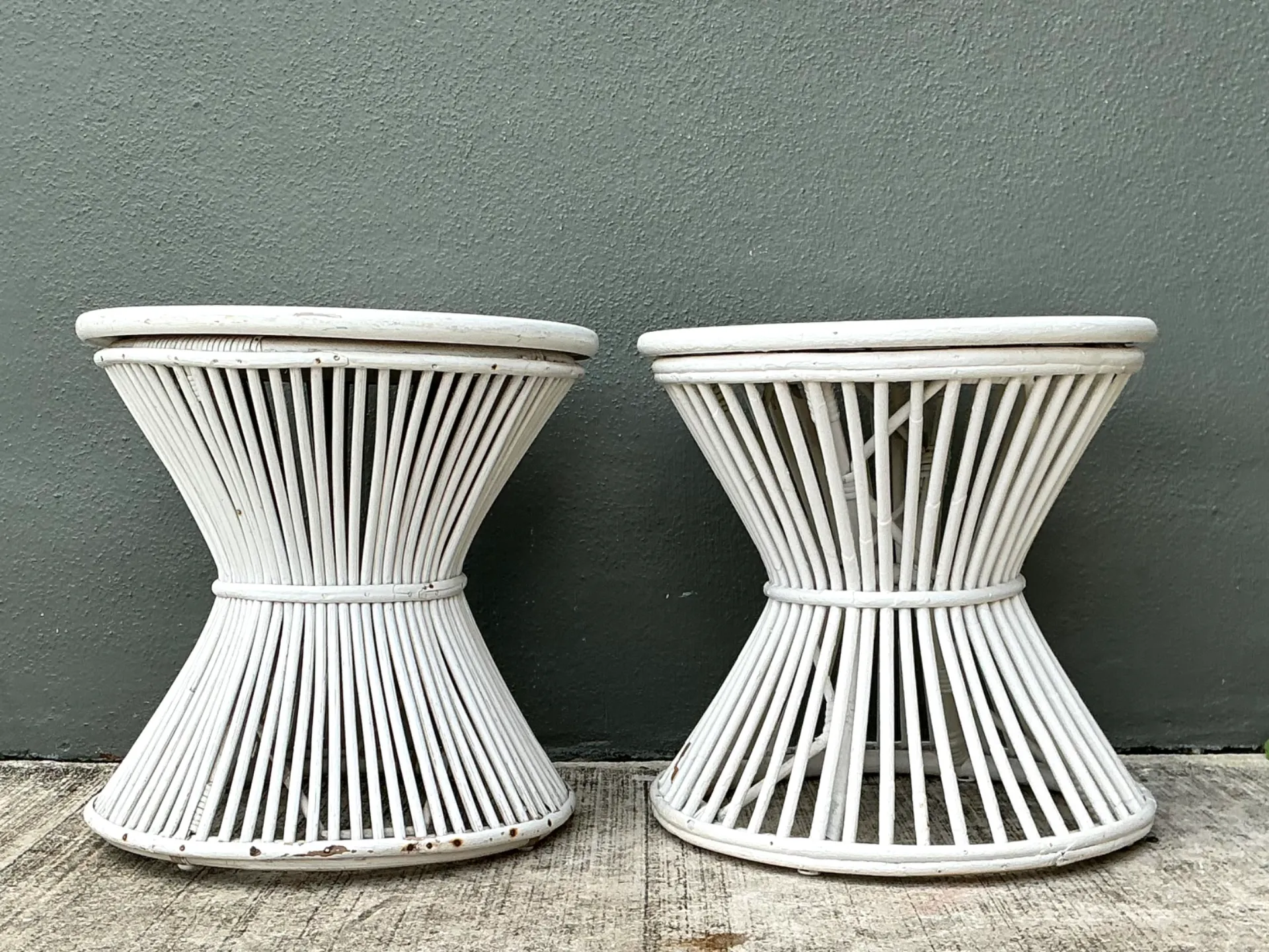 Vintage White Stick Rattan Hourglass Tables - A Pair — additional photo 7