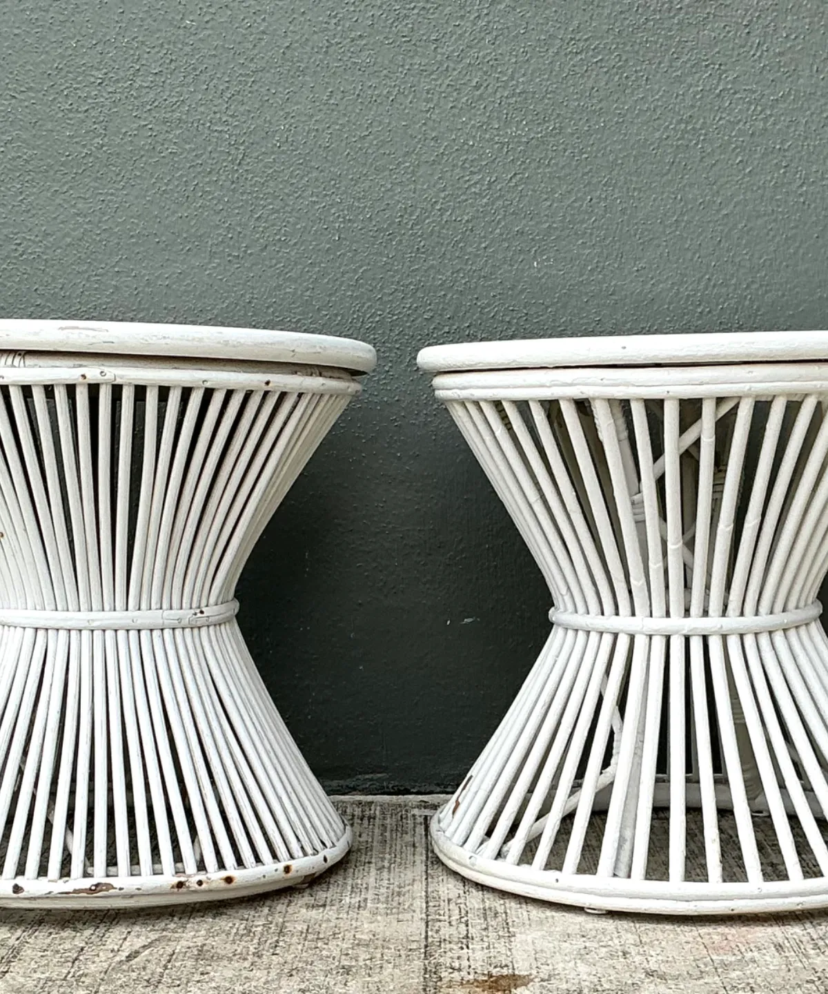 Vintage White Stick Rattan Hourglass Tables - A Pair — additional photo 7