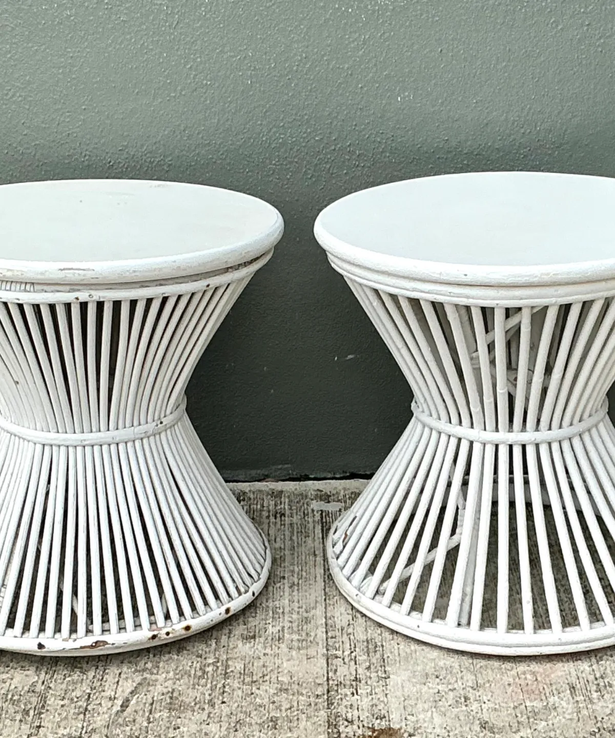 Vintage White Stick Rattan Hourglass Tables - A Pair — additional photo 5