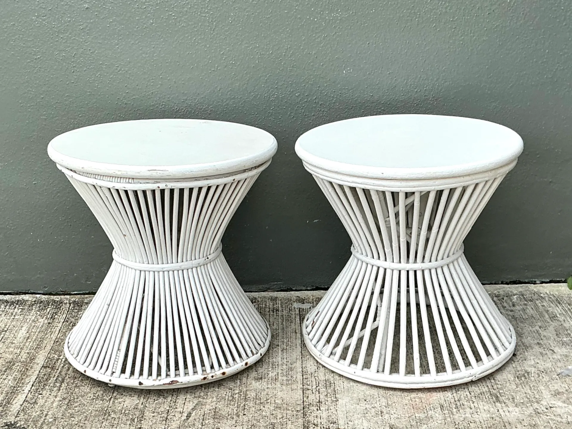 Vintage White Stick Rattan Hourglass Tables - A Pair — additional photo 1