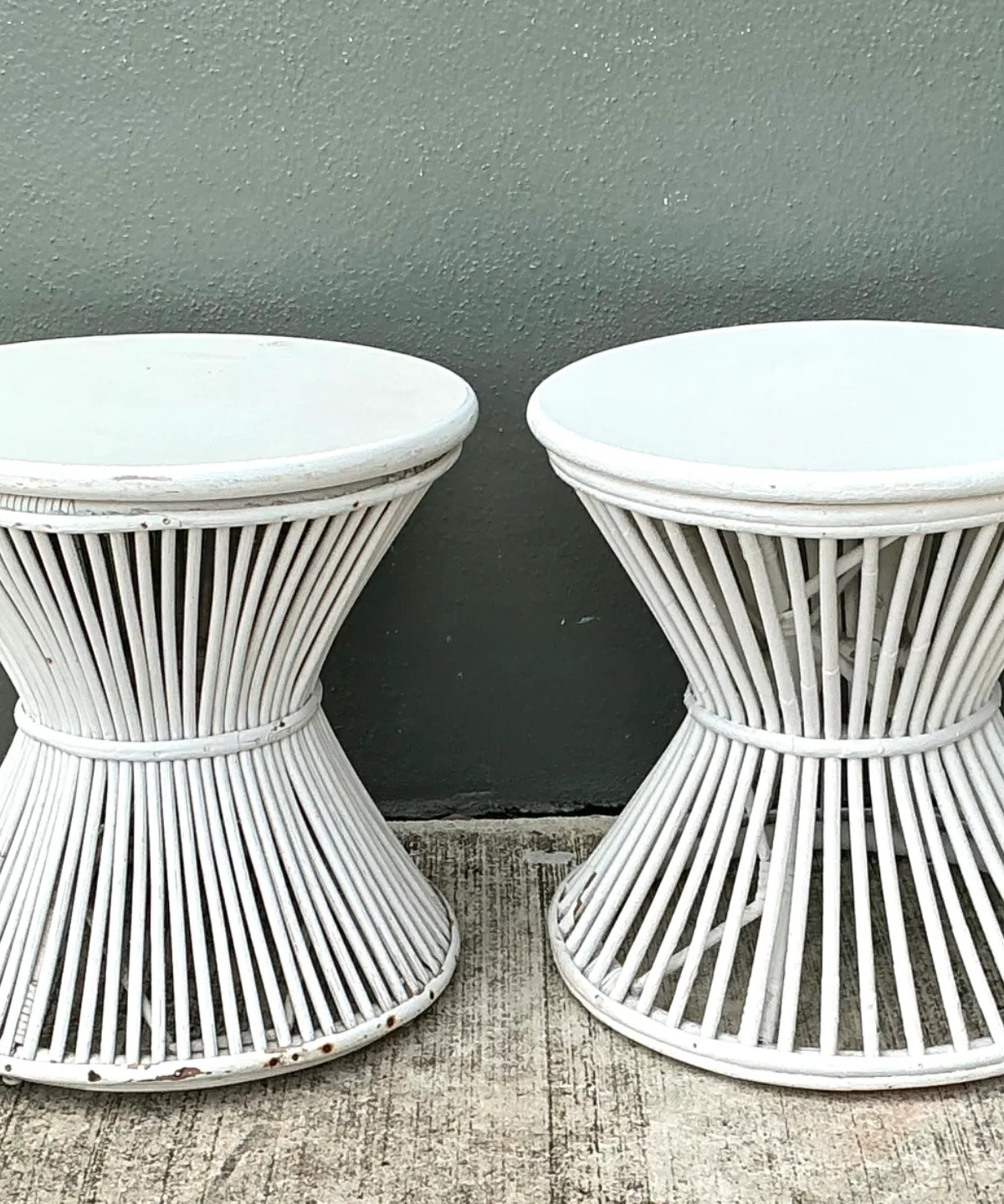 Vintage White Stick Rattan Hourglass Tables - A Pair