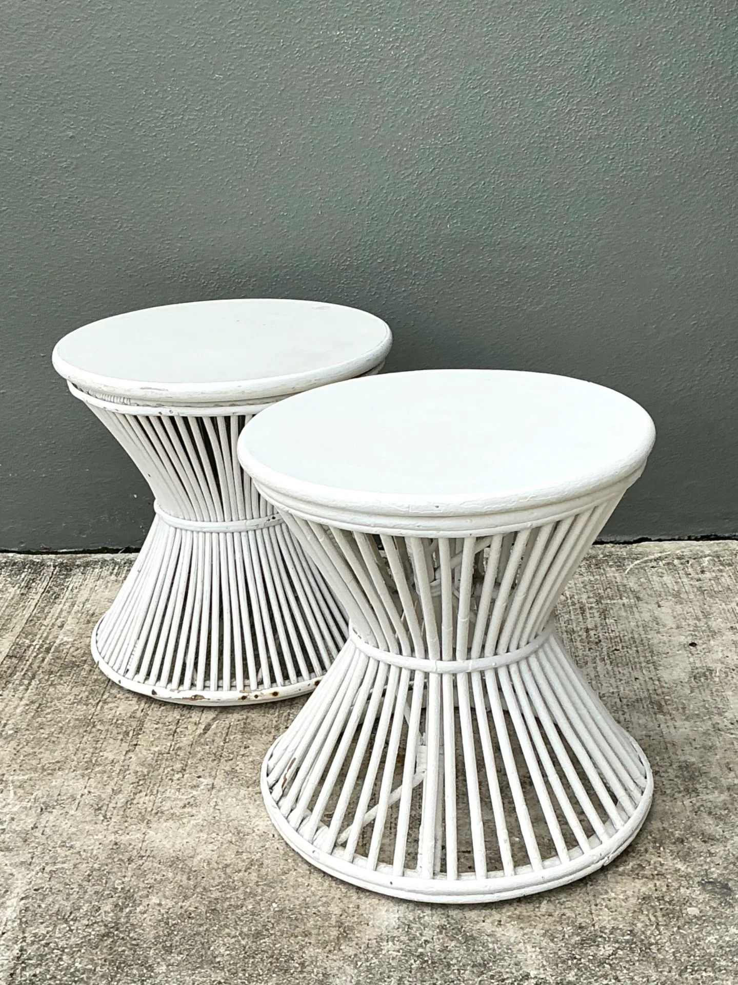 Vintage White Stick Rattan Hourglass Tables - A Pair — additional photo 8