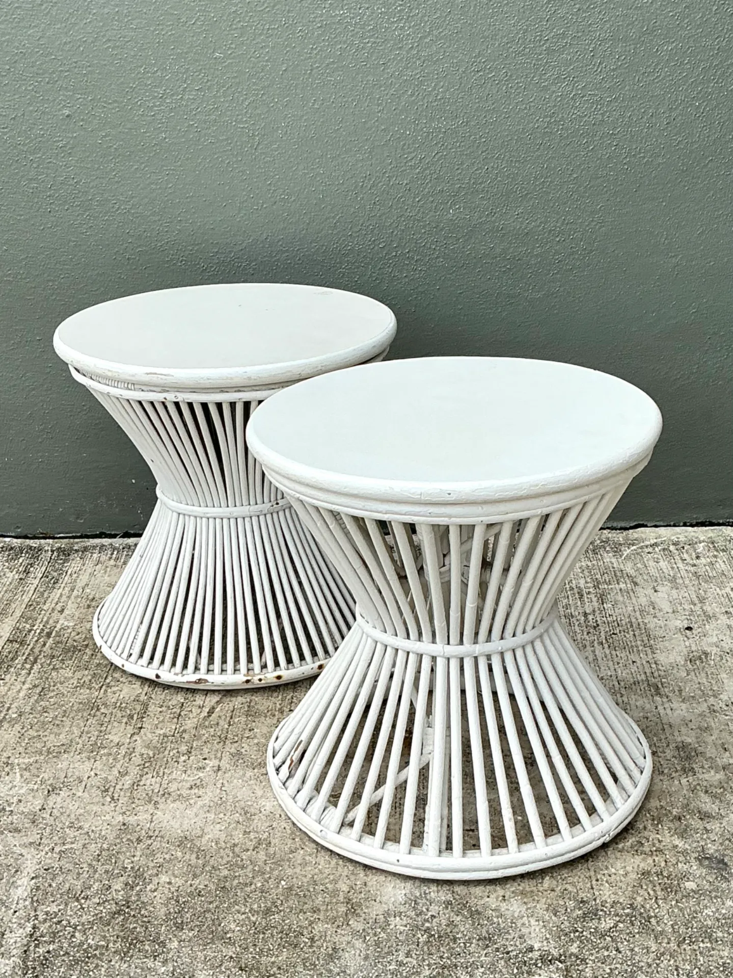 Vintage White Stick Rattan Hourglass Tables - A Pair — additional photo 6