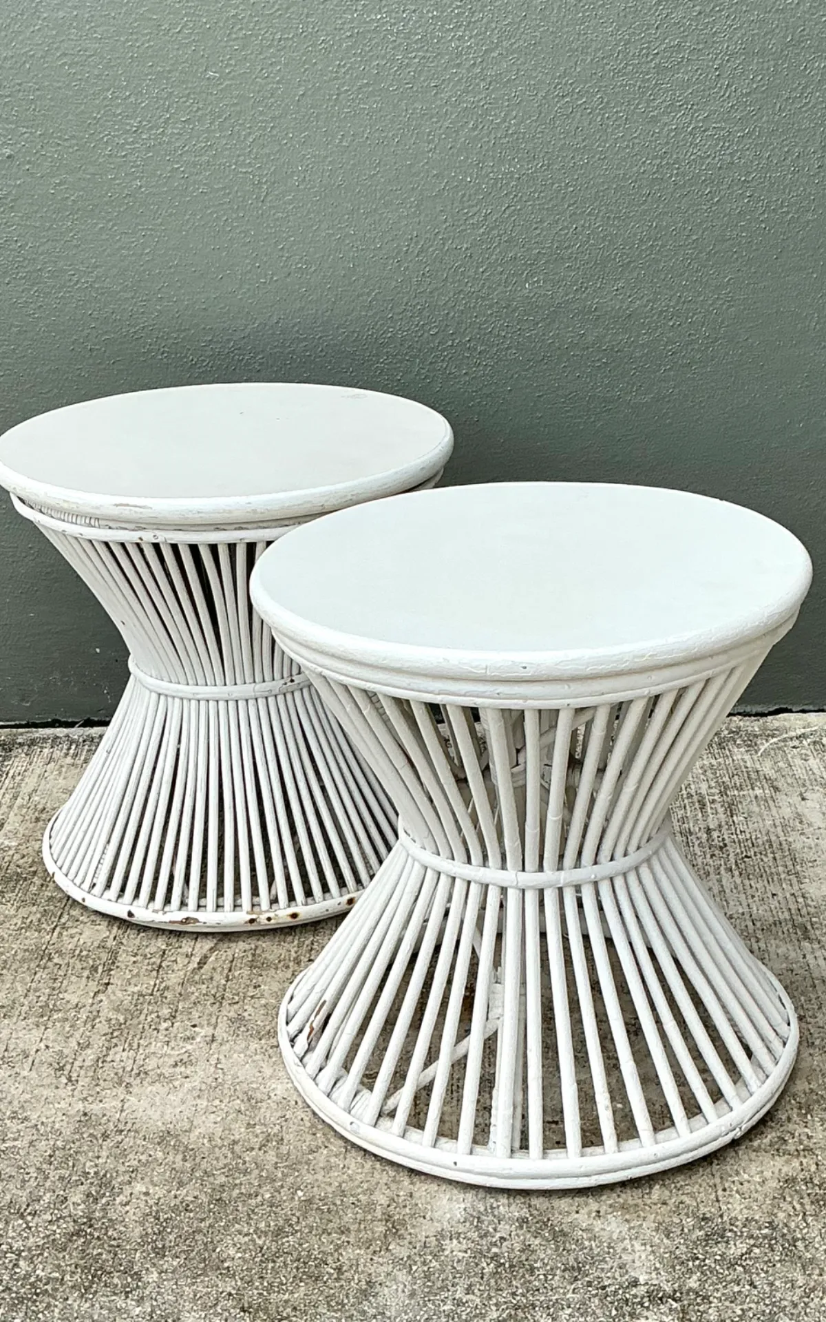 Vintage White Stick Rattan Hourglass Tables - A Pair — additional photo 6