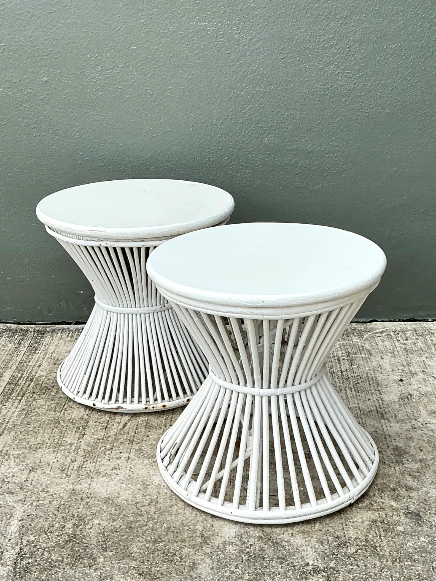 Vintage White Stick Rattan Hourglass Tables - A Pair — additional photo 4