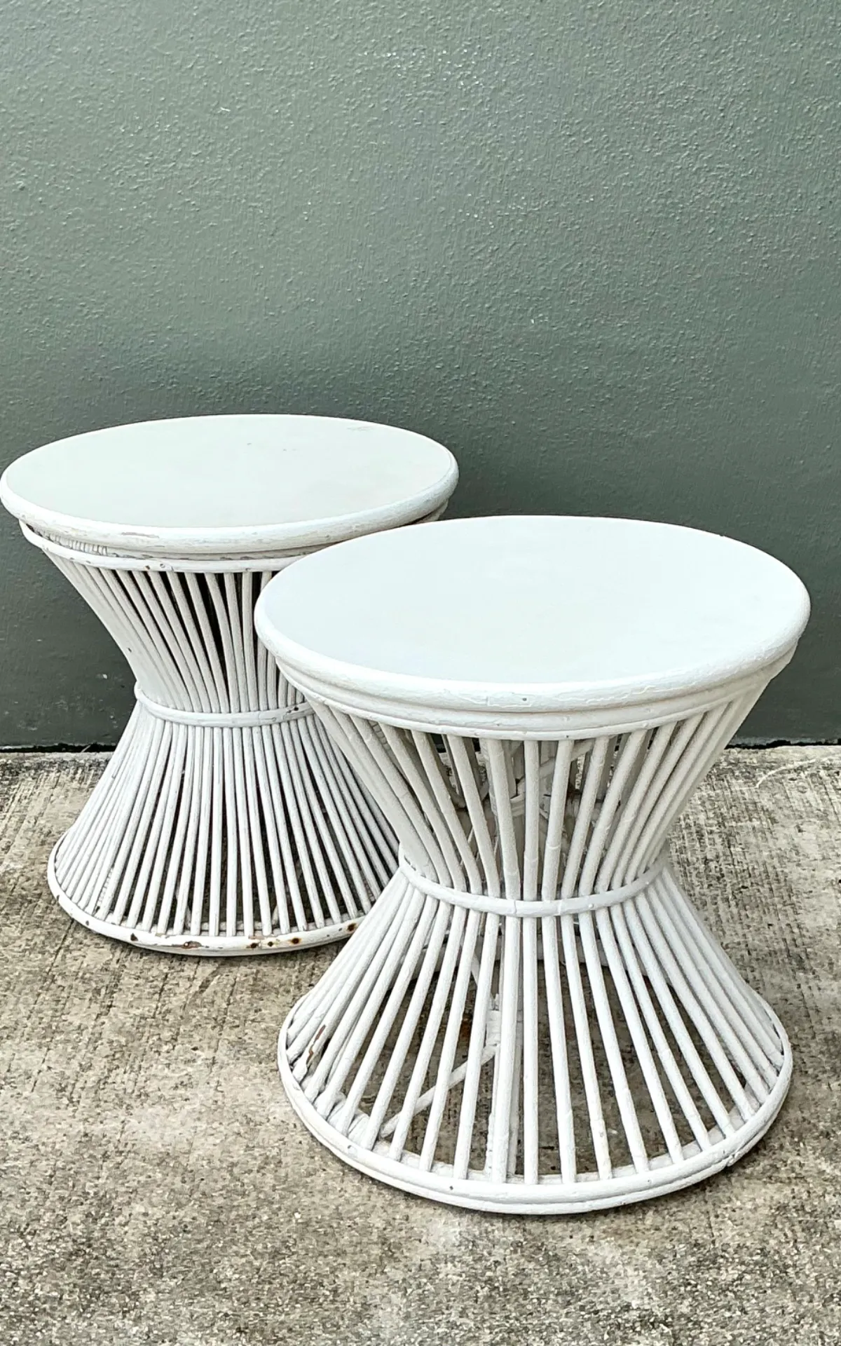 Vintage White Stick Rattan Hourglass Tables - A Pair — additional photo 4
