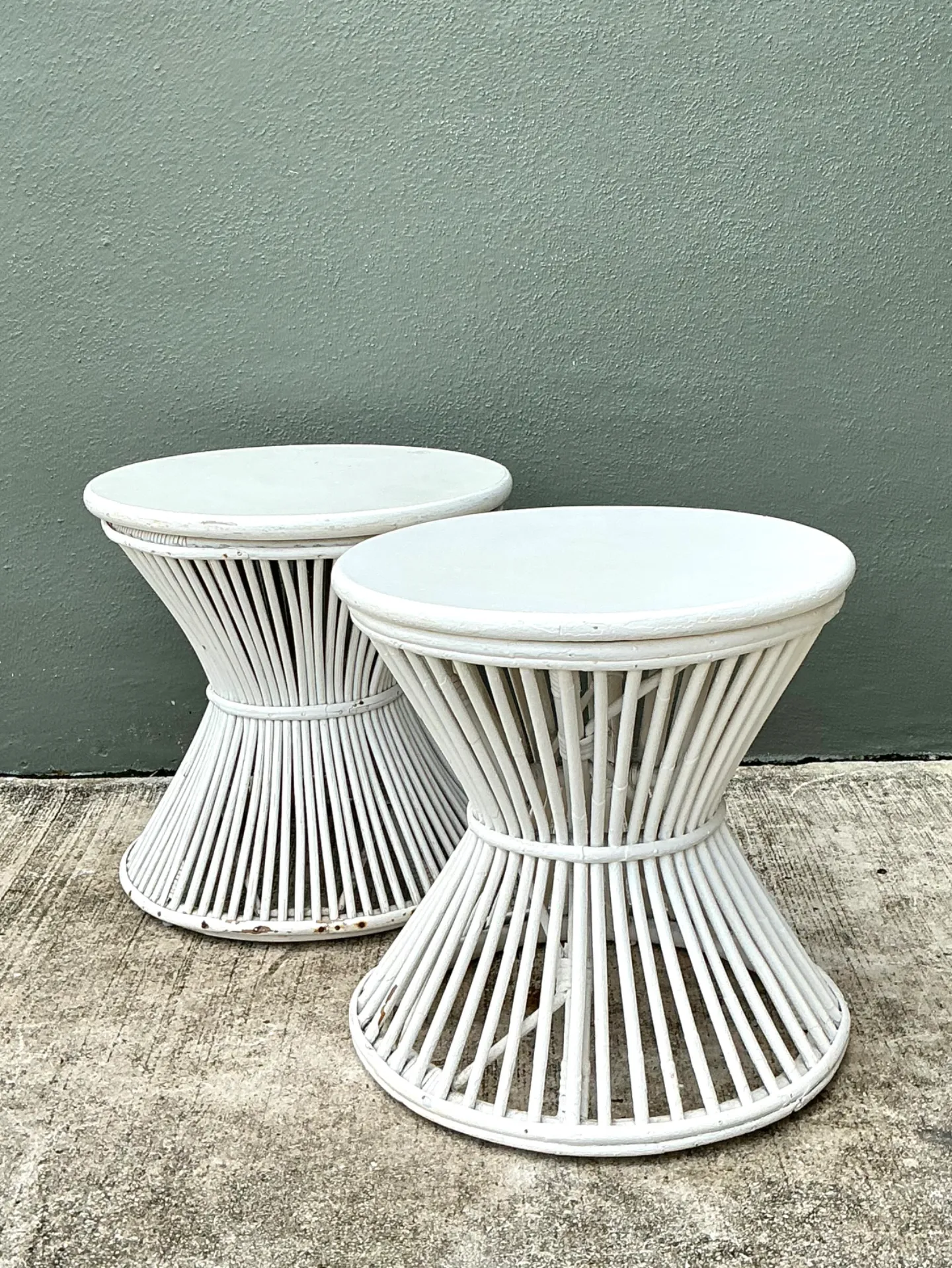 Vintage White Stick Rattan Hourglass Tables - A Pair — additional photo 3