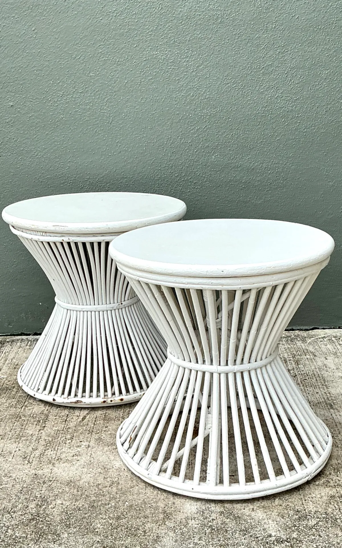 Vintage White Stick Rattan Hourglass Tables - A Pair — additional photo 3