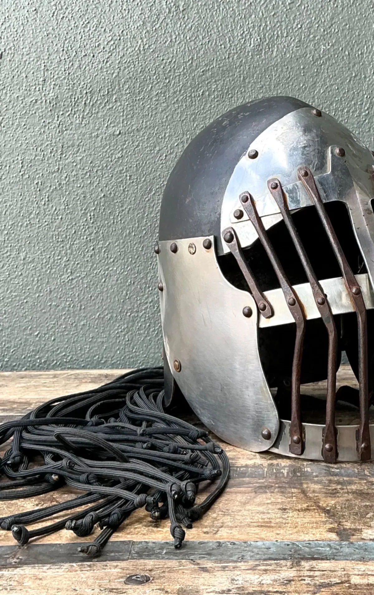 Vintage Gothic Metal Helmet With Leather Detail - Side view