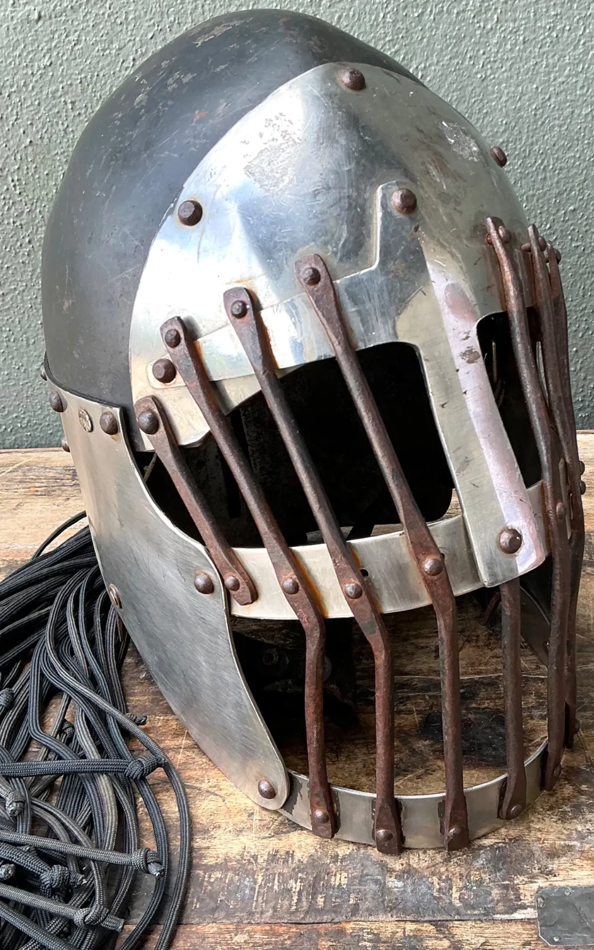 Vintage Gothic Metal Helmet With Leather Detail - Bottom view