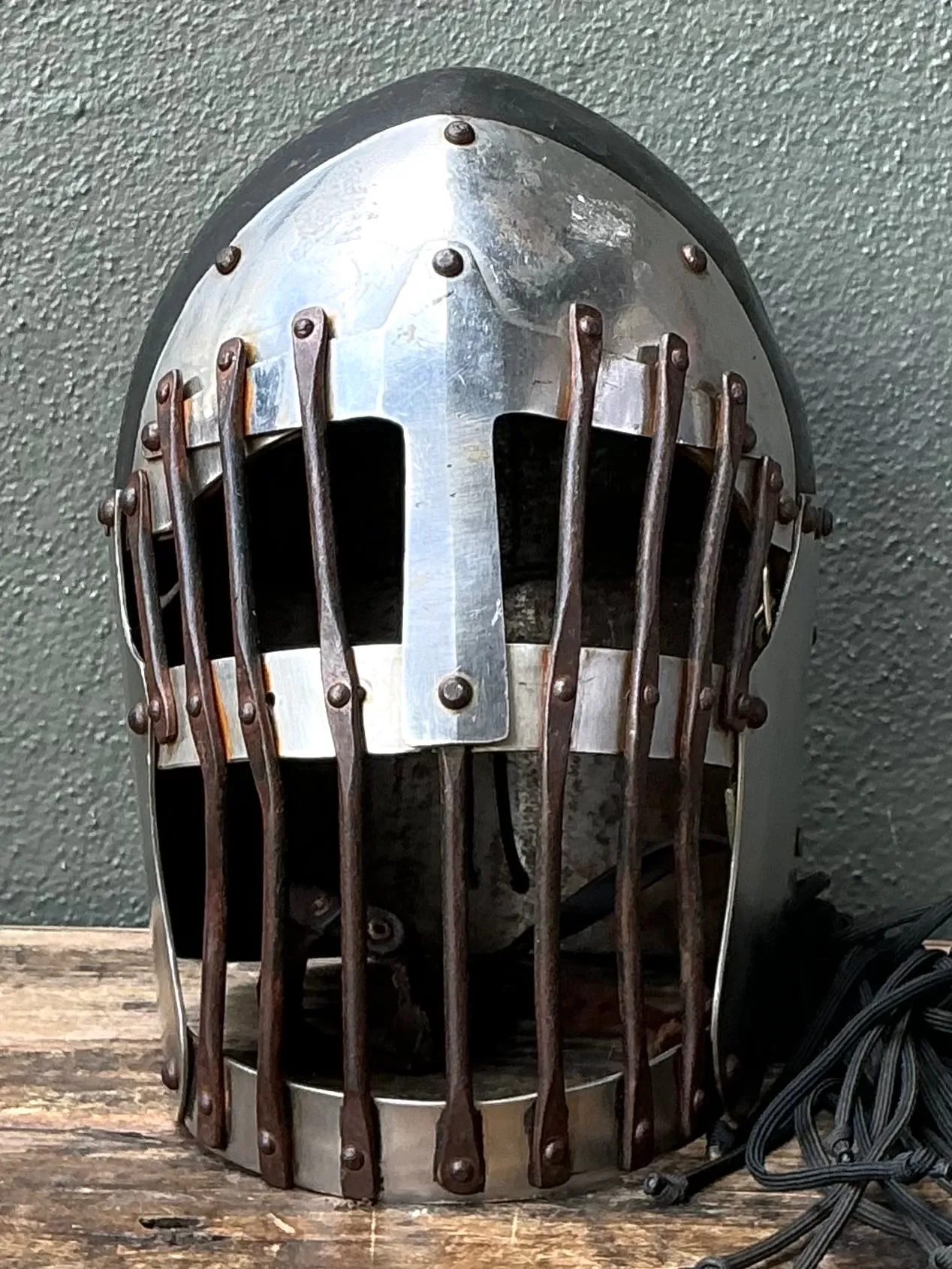 Vintage Gothic Metal Helmet With Leather Detail — additional photo 7