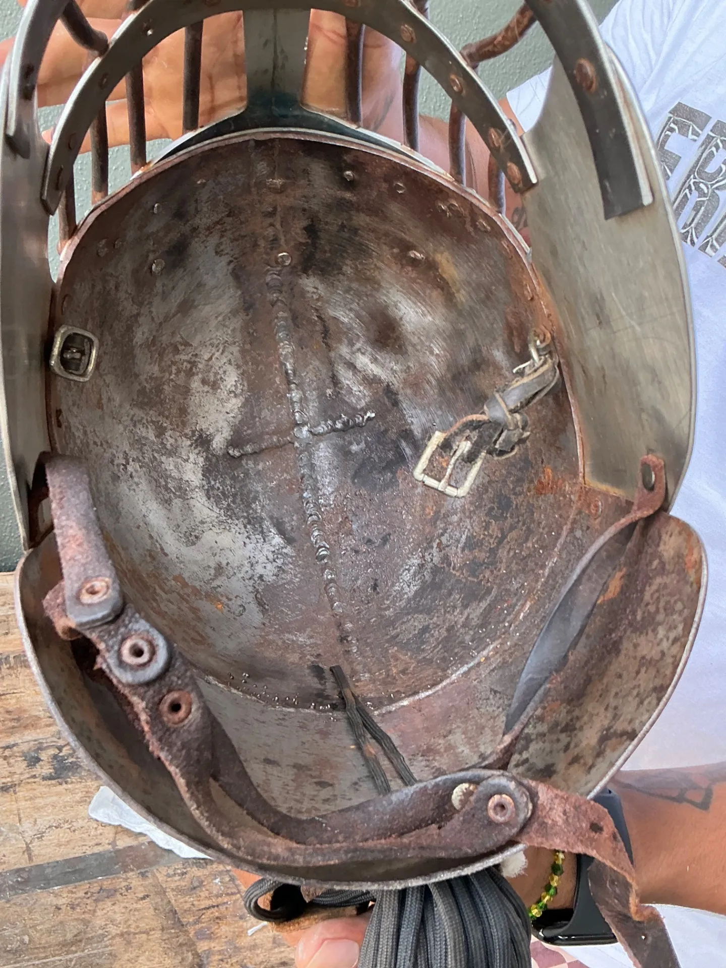 Vintage Gothic Metal Helmet With Leather Detail — additional photo 1