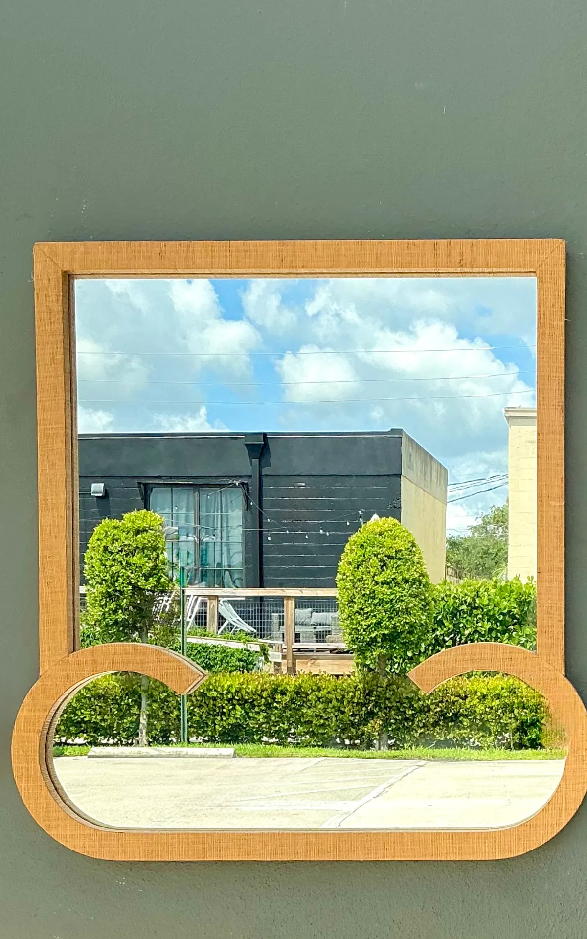 Vintage Grasscloth and Wood Wall Mirror