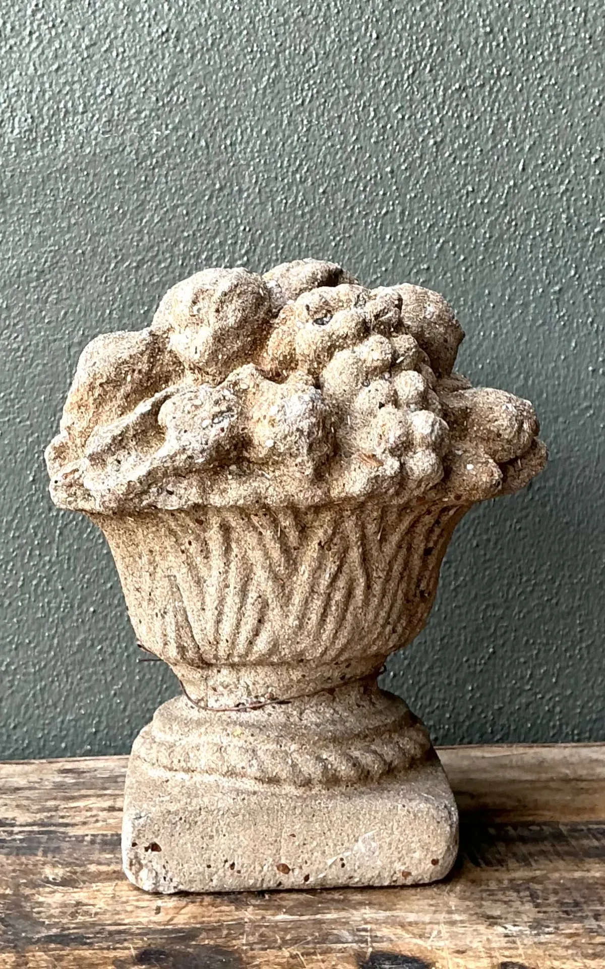 Vintage Concrete Fruit Basket Sculpture - Close-up view
