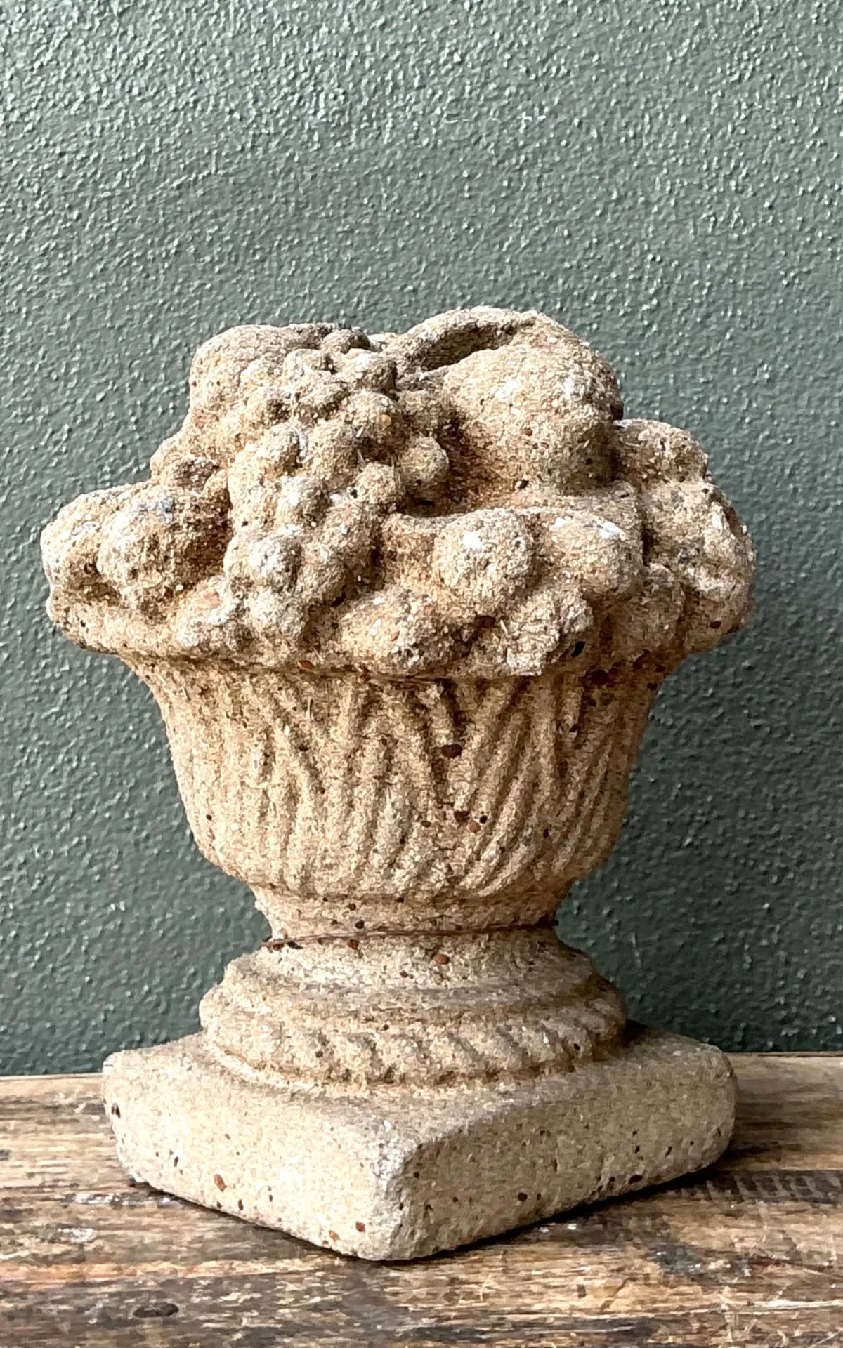 Vintage Concrete Fruit Basket Sculpture - Angle view