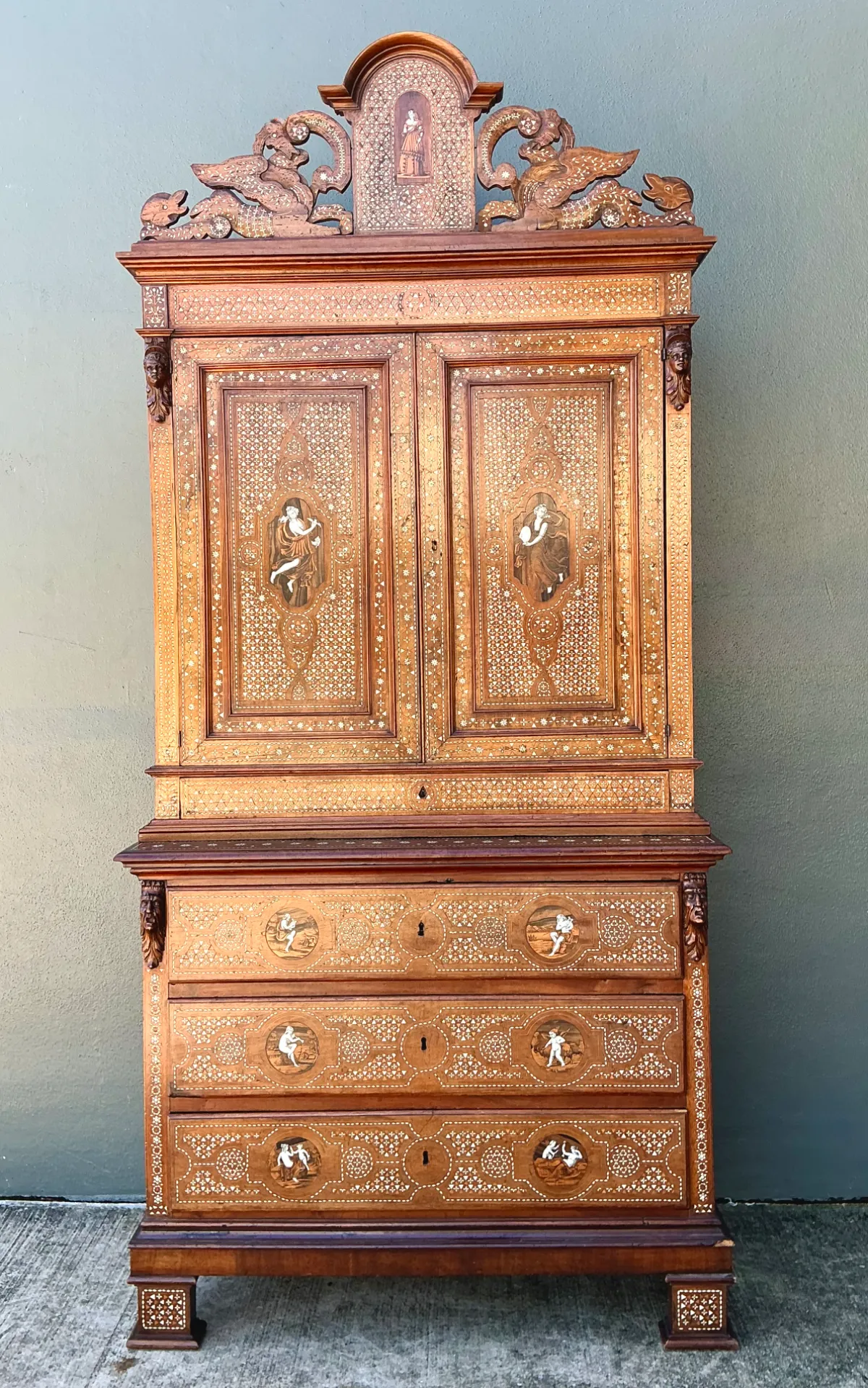 Vintage Monumental Carved Cabinet with Mother of Pearl Inlay