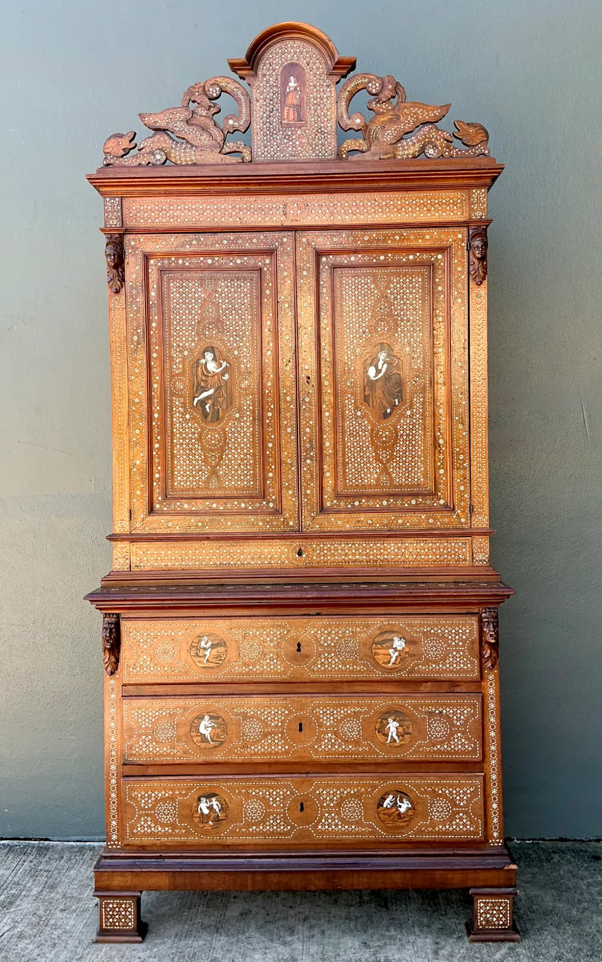 Vintage Monumental Carved Cabinet with Mother of Pearl Inlay — additional photo 4