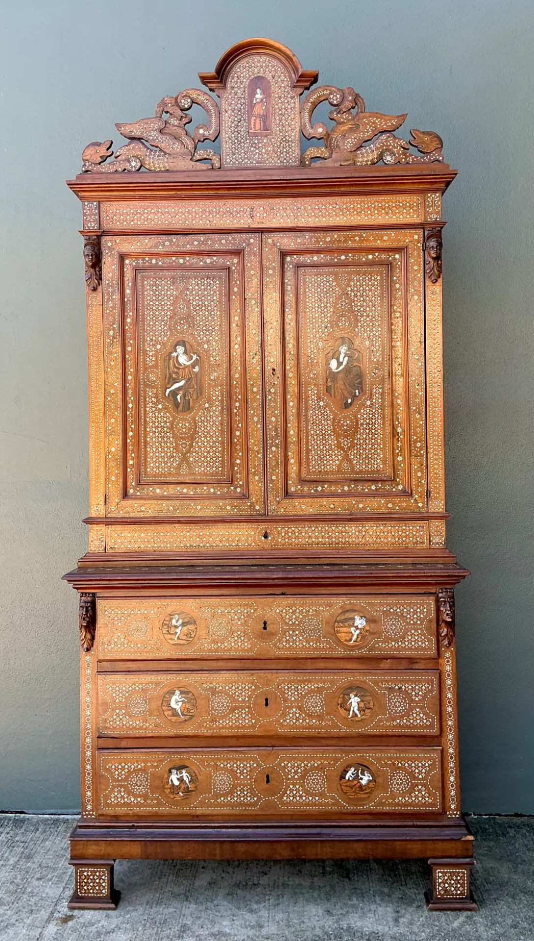 Vintage Monumental Carved Cabinet with Mother of Pearl Inlay — additional photo 2