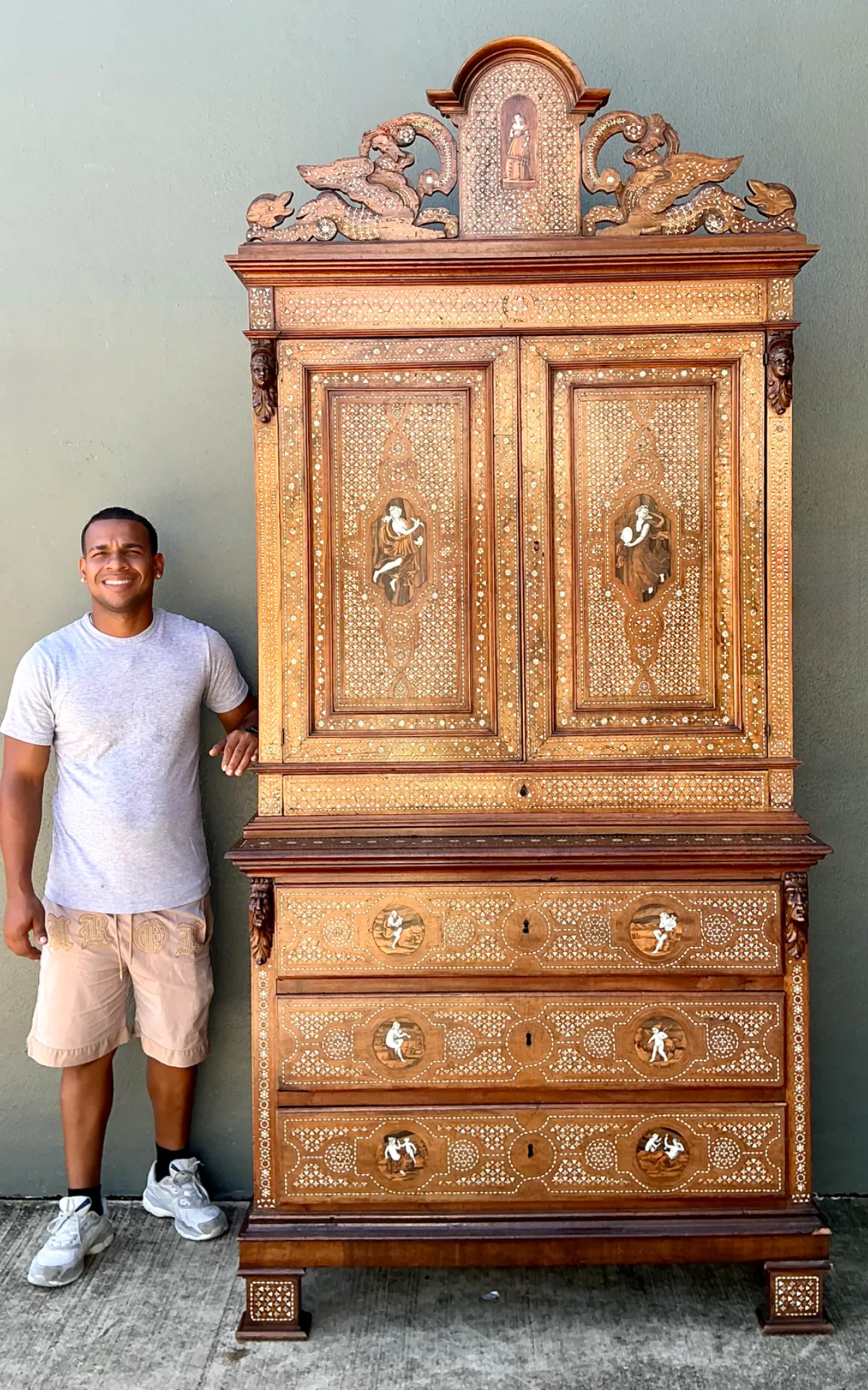 Vintage Monumental Carved Cabinet with Mother of Pearl Inlay — additional photo 3