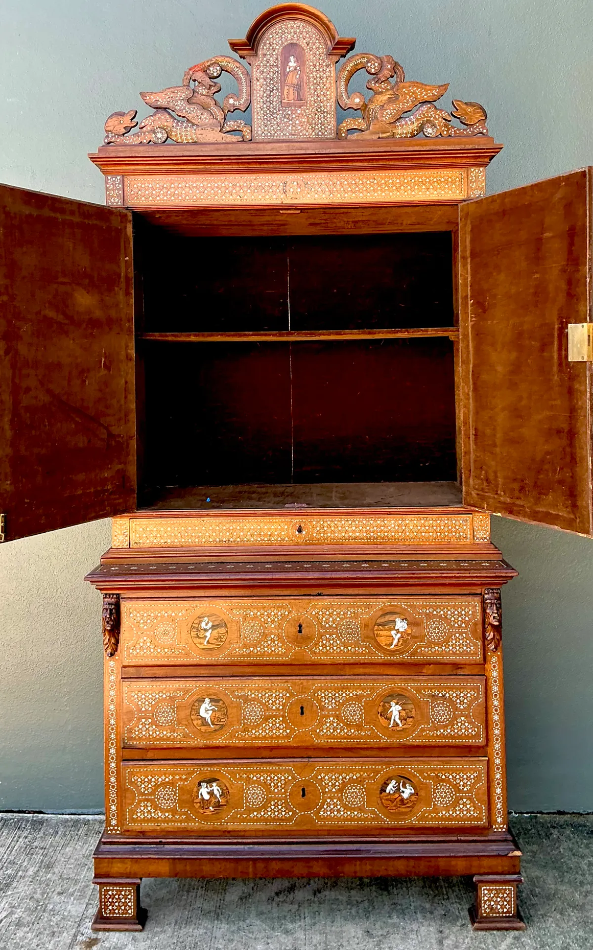 Vintage Monumental Carved Cabinet with Mother of Pearl Inlay — additional photo 5