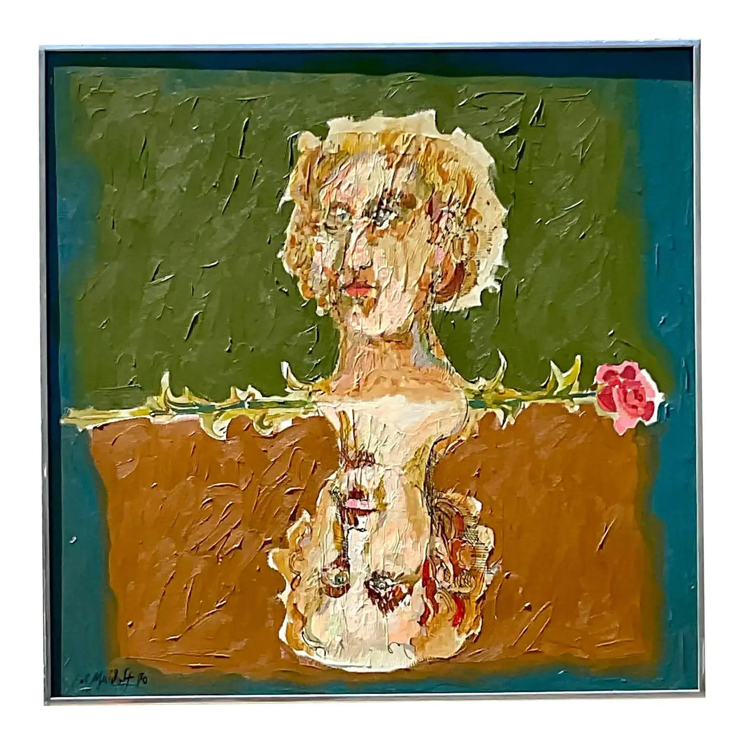 Late 20th Century Vintage Boho Abstract Figural Oil on Canvas Original Painting, Framed — additional photo 1