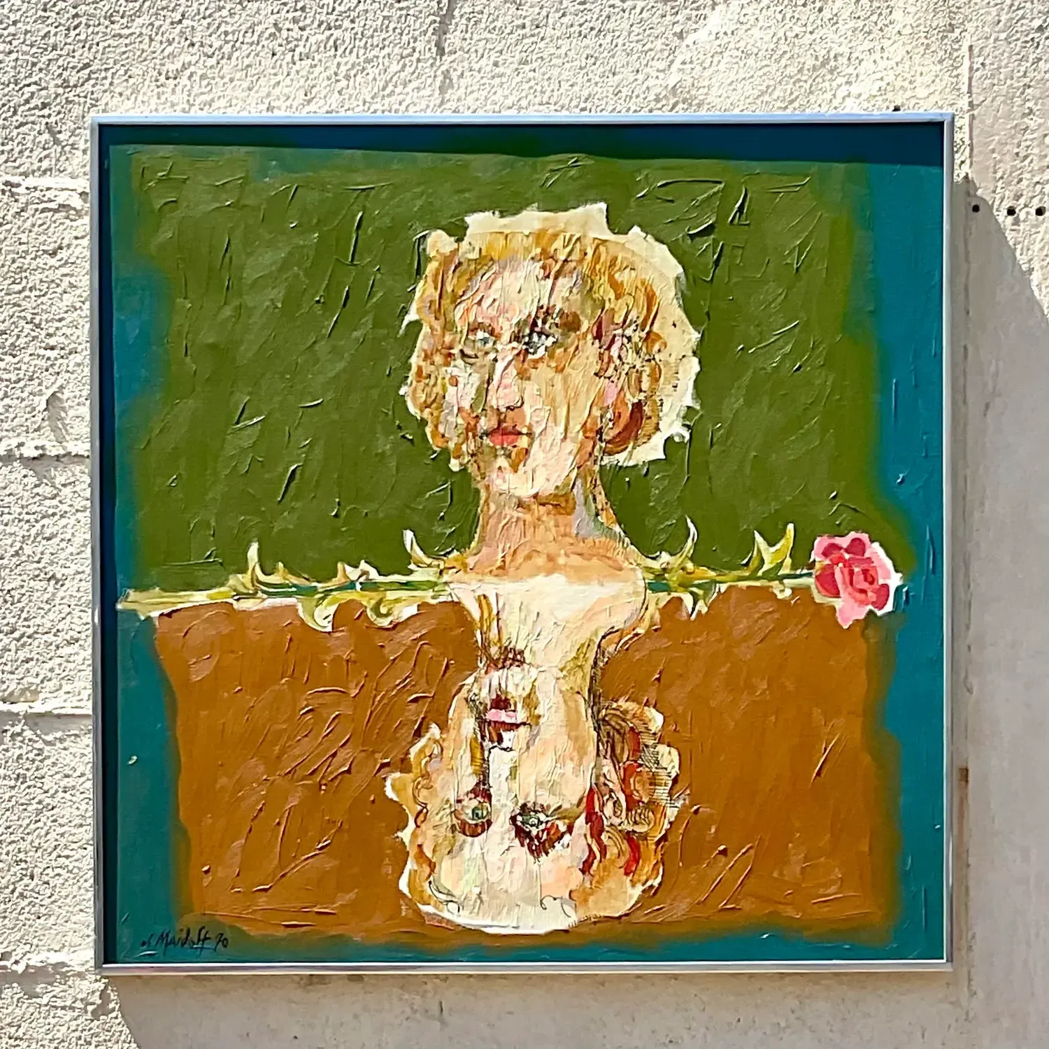 Late 20th Century Vintage Boho Abstract Figural Oil on Canvas Original Painting, Framed — additional photo 2