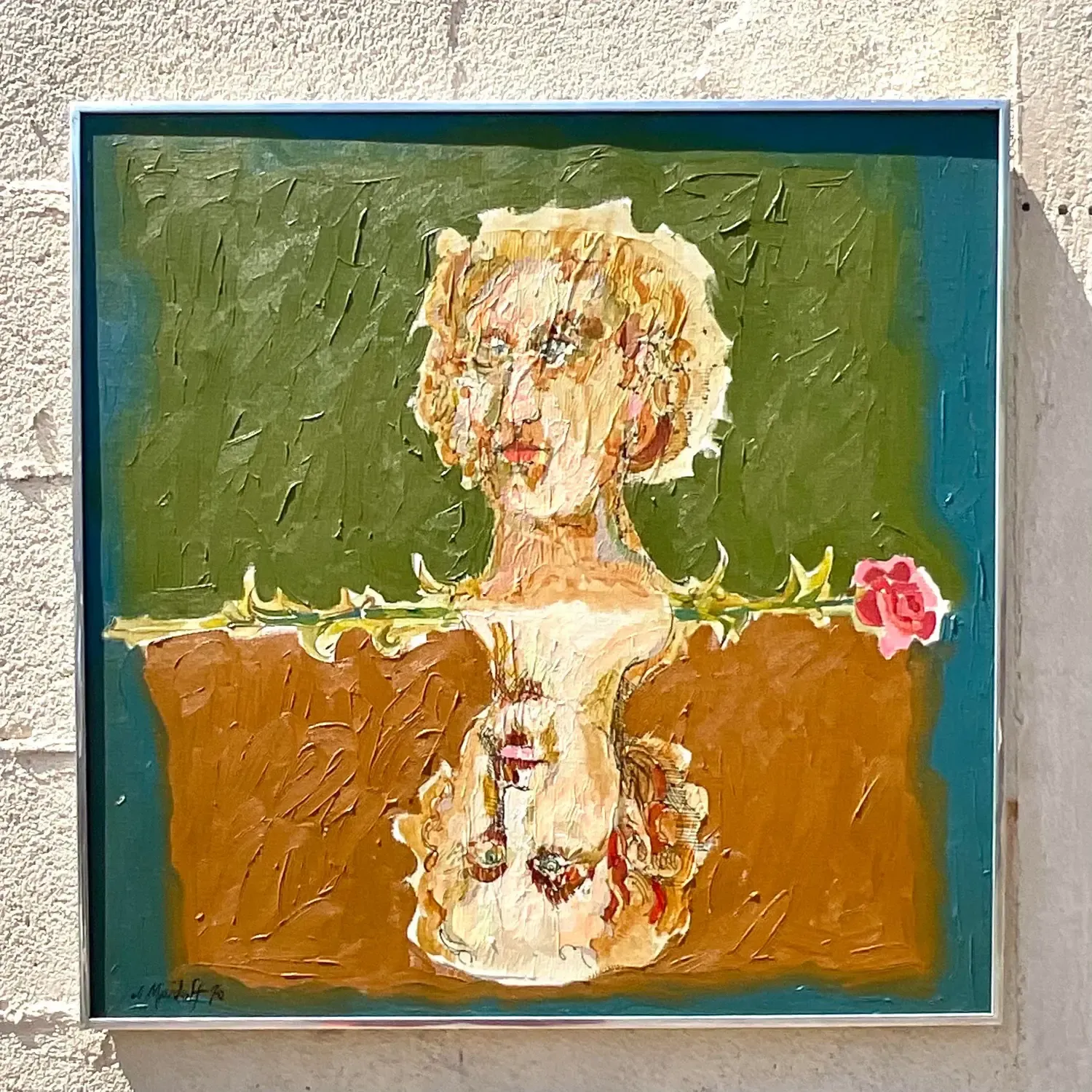 Late 20th Century Vintage Boho Abstract Figural Oil on Canvas Original Painting, Framed — additional photo 3