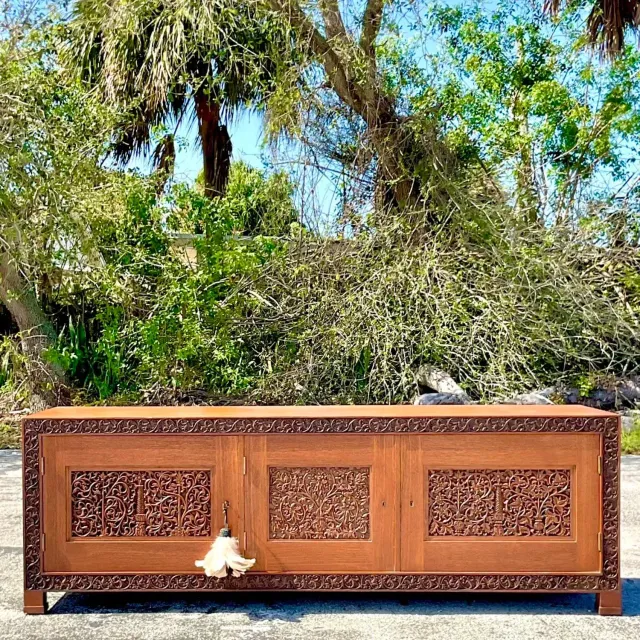 Late 20th Century Vintage Boho Carved Teak Credenza — additional photo 1