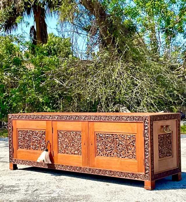 Late 20th Century Vintage Boho Carved Teak Credenza — additional photo 2