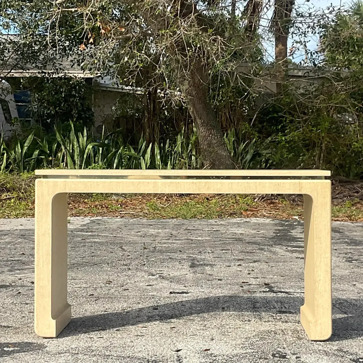 Late 20th Century Vintage Boho Grasscloth Wrapped Console Table — additional photo 6
