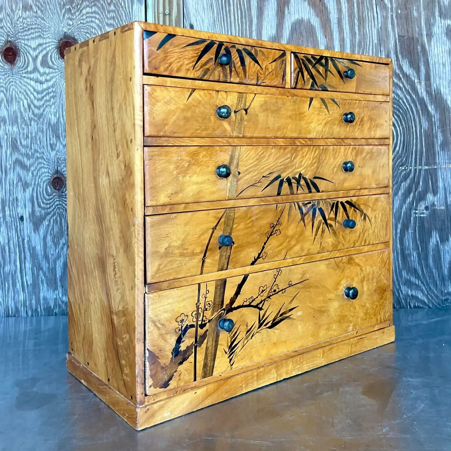 Late 20th Century Vintage Boho Hand Painted Burl Wood Petite Chest of Drawers — additional photo 4