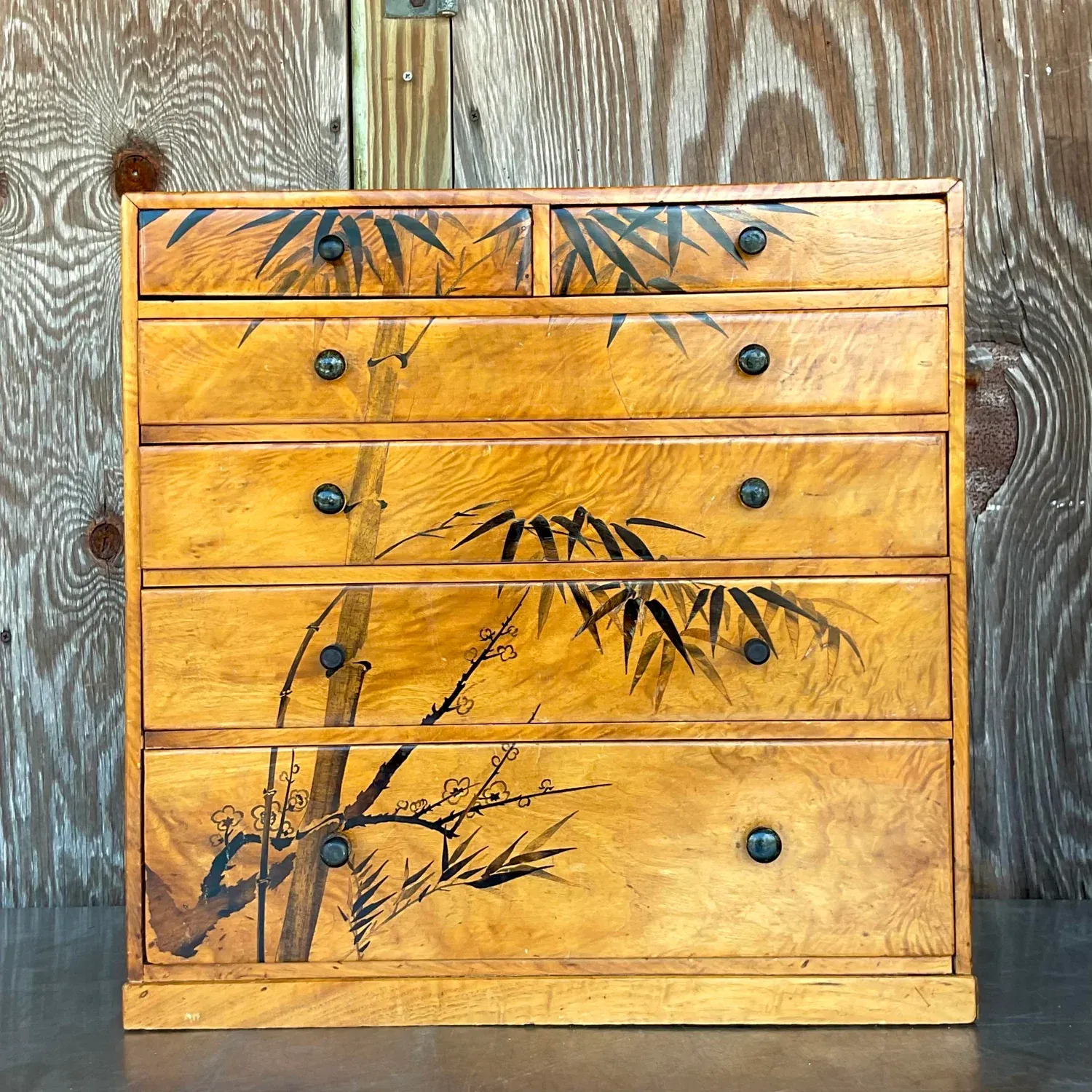 Late 20th Century Vintage Boho Hand Painted Burl Wood Petite Chest of Drawers — additional photo 5