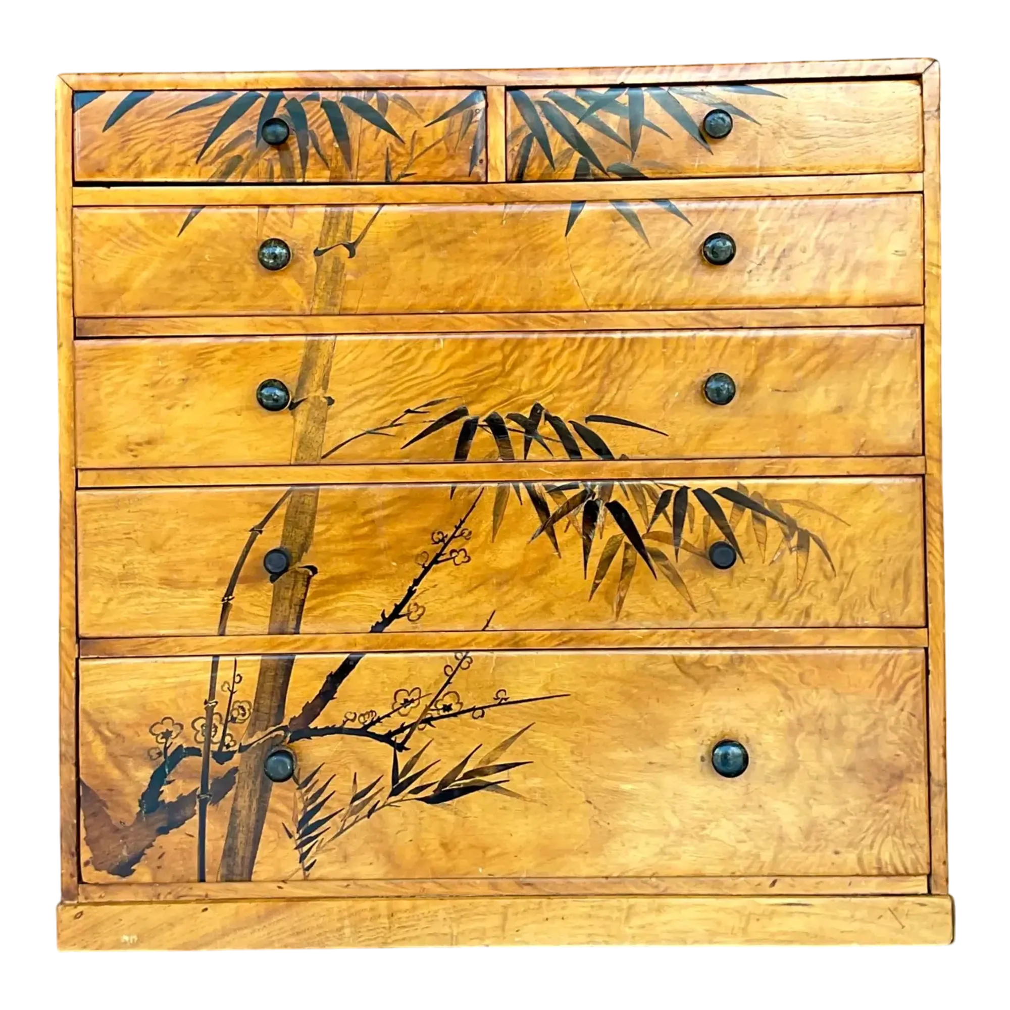 Late 20th Century Vintage Boho Hand Painted Burl Wood Petite Chest of Drawers