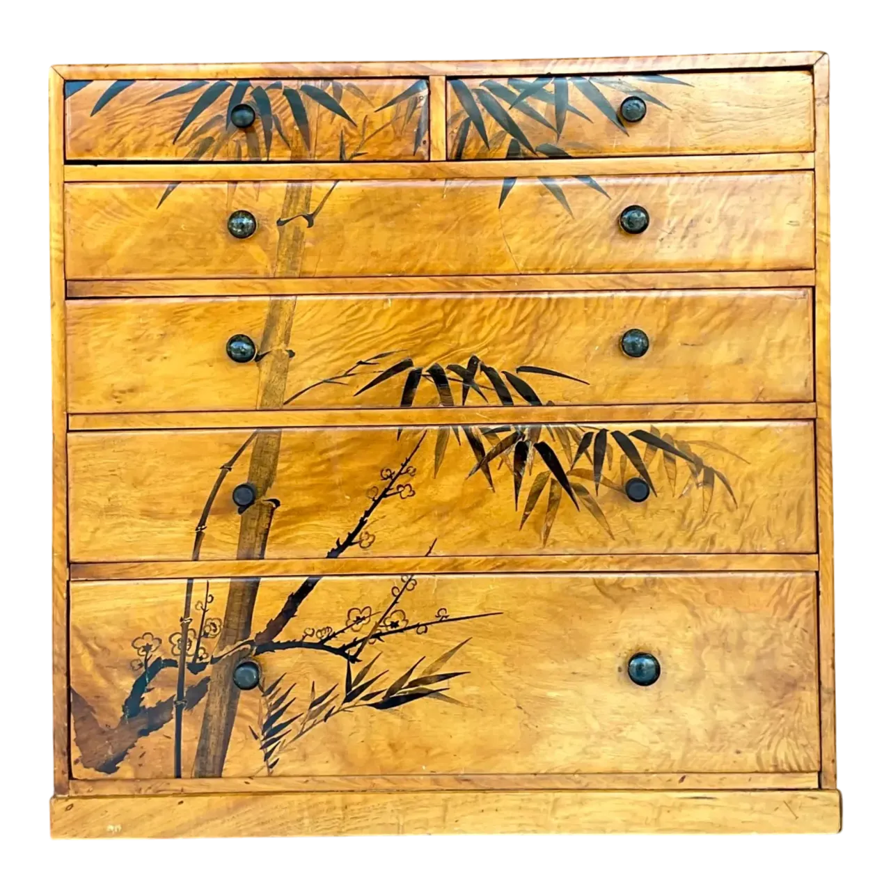 Late 20th Century Vintage Boho Hand Painted Burl Wood Petite Chest of Drawers