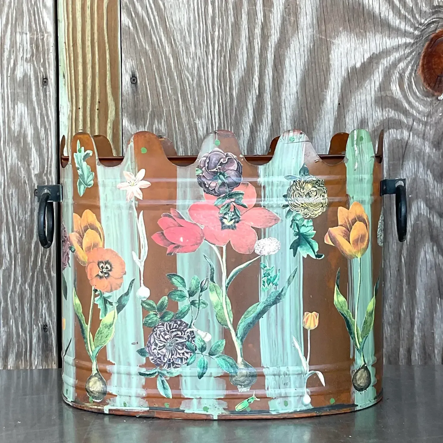 Late 20th Century Vintage Boho Hand Painted Metal Cache Pot — additional photo 1