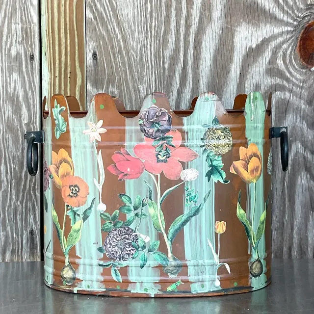 Late 20th Century Vintage Boho Hand Painted Metal Cache Pot — additional photo 1
