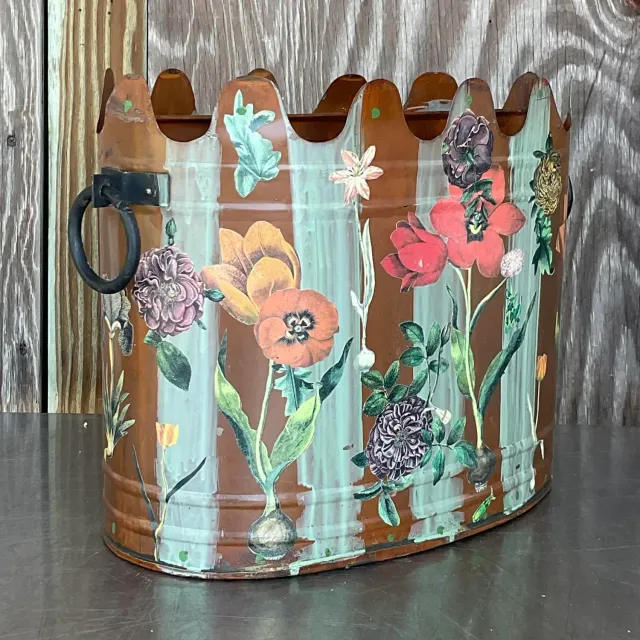 Late 20th Century Vintage Boho Hand Painted Metal Cache Pot — additional photo 2