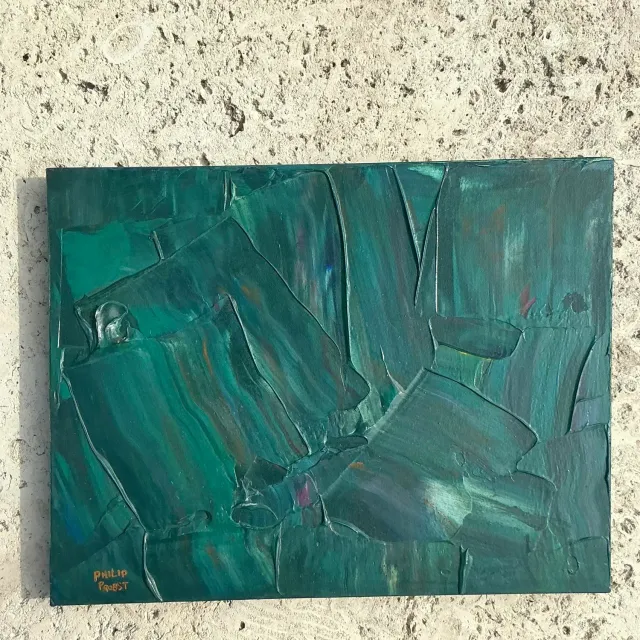 Late 20th Century Vintage Boho Impasto Original Abstract Oil Painting on Canvas — additional photo 2