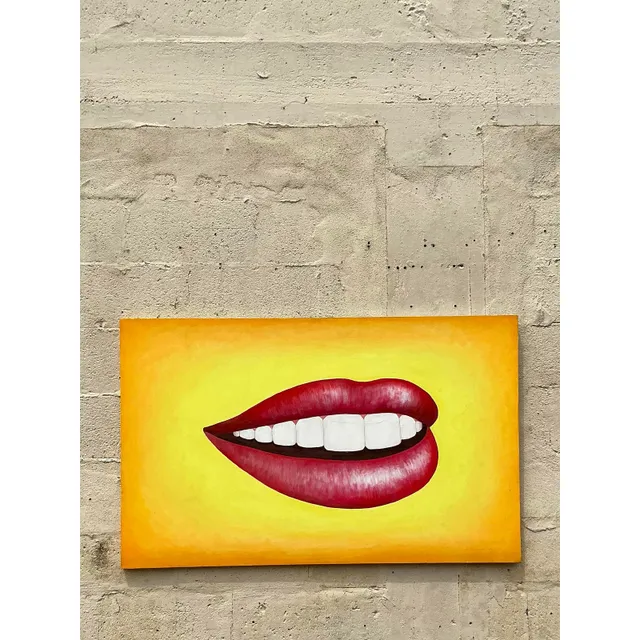Late 20th Century Vintage Boho Original Lips Oil Painting on Canvas — additional photo 2