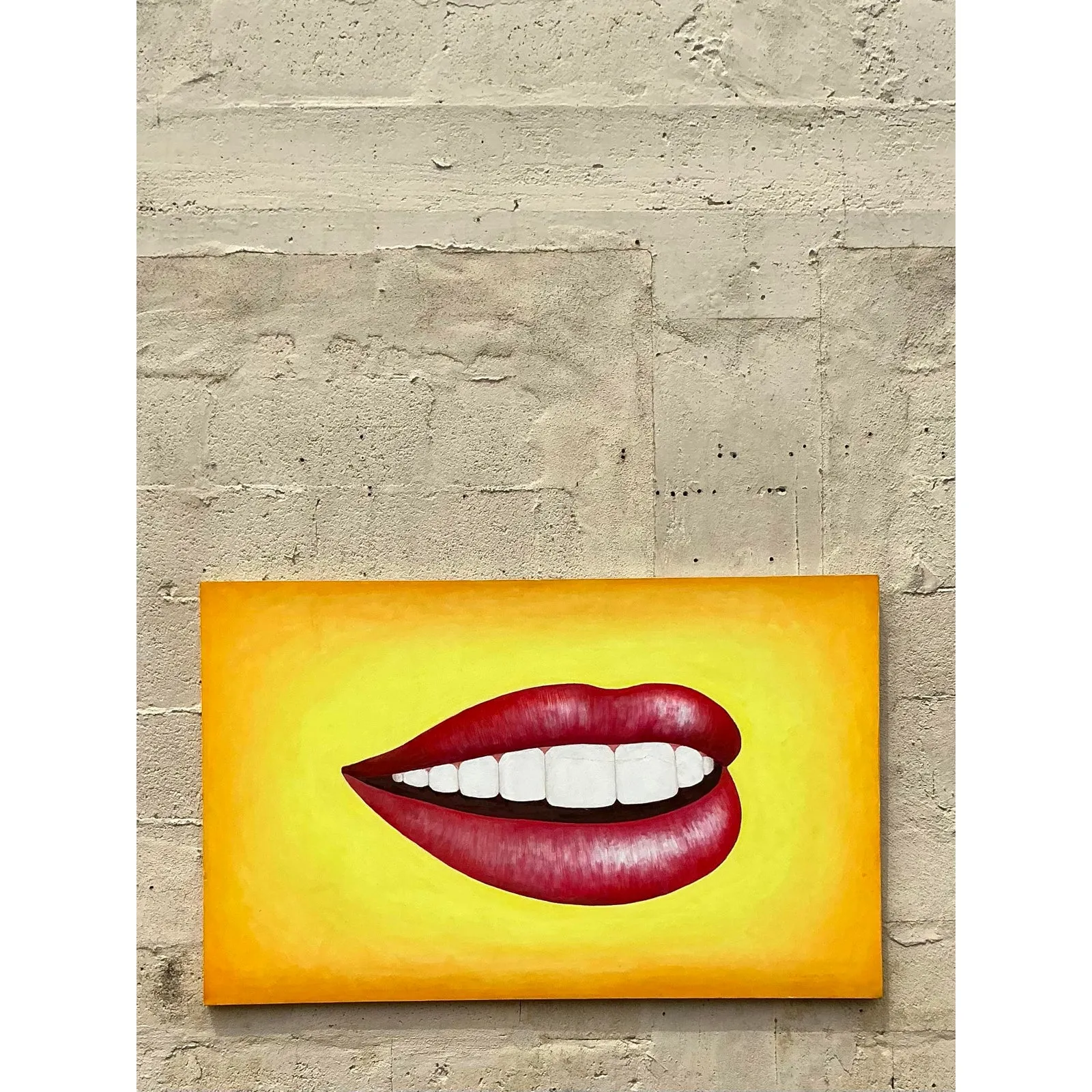 Late 20th Century Vintage Boho Original Lips Oil Painting on Canvas — additional photo 3