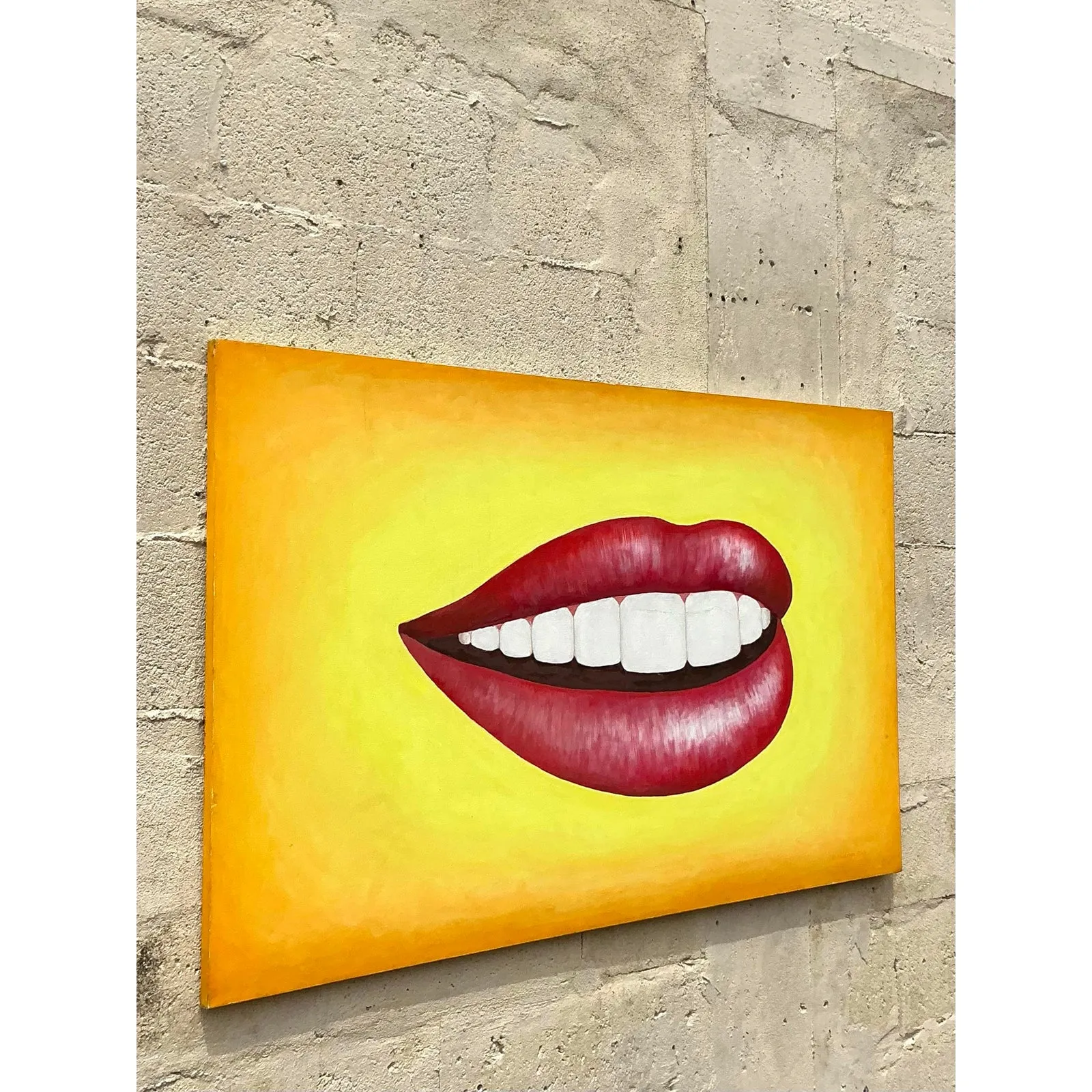 Late 20th Century Vintage Boho Original Lips Oil Painting on Canvas — additional photo 4