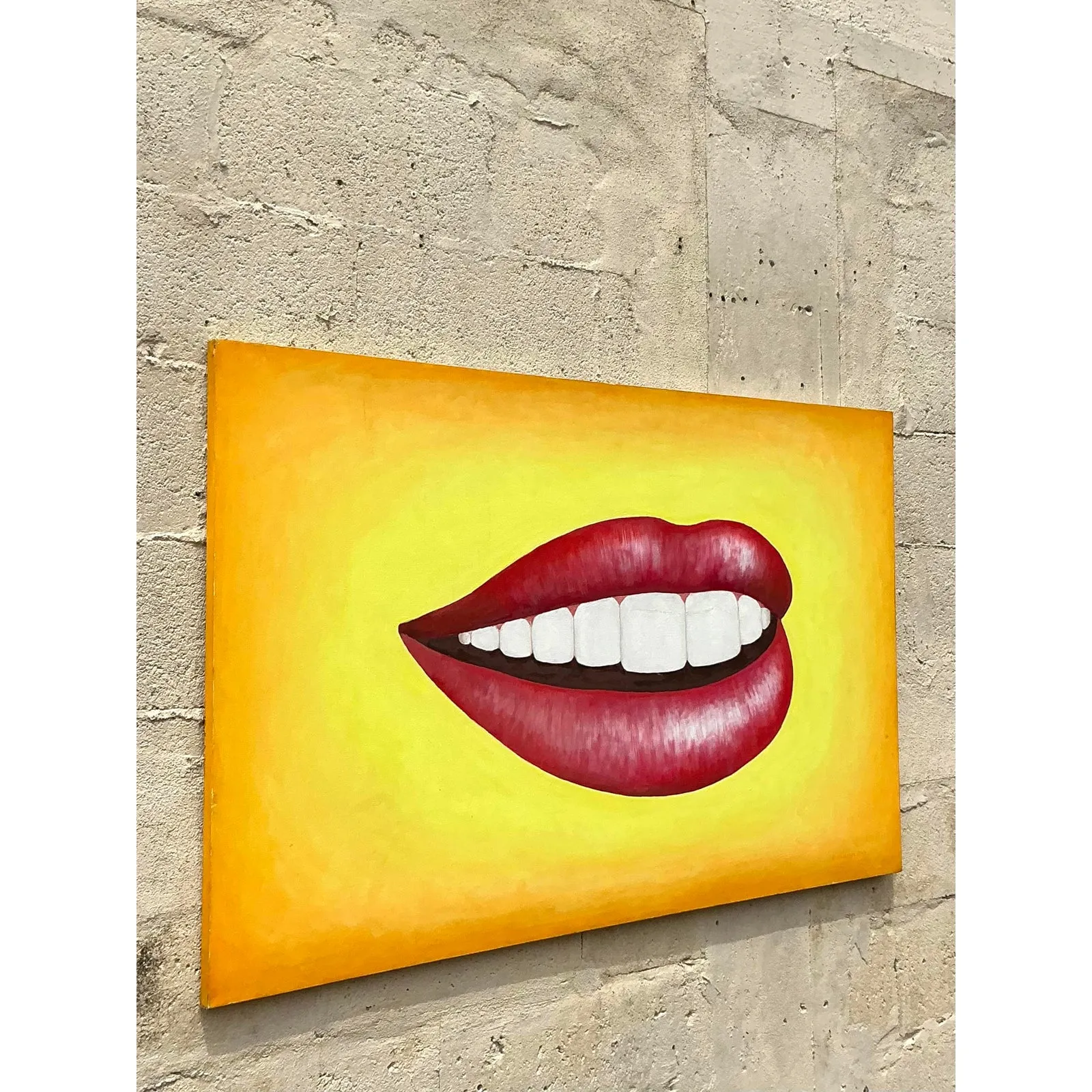 Late 20th Century Vintage Boho Original Lips Oil Painting on Canvas — additional photo 6