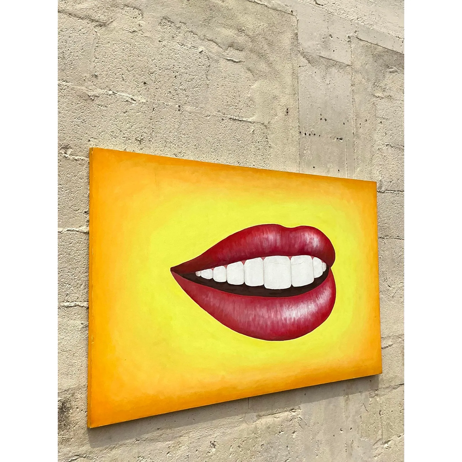 Late 20th Century Vintage Boho Original Lips Oil Painting on Canvas — additional photo 7