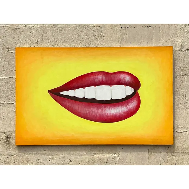 Late 20th Century Vintage Boho Original Lips Oil Painting on Canvas — additional photo 8