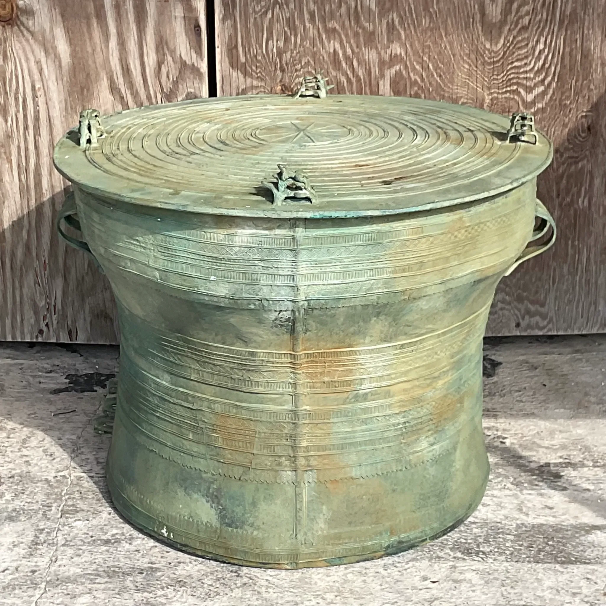 Late 20th Century Vintage Boho Southeast Asian Bronze Rain Drum Table — additional photo 2