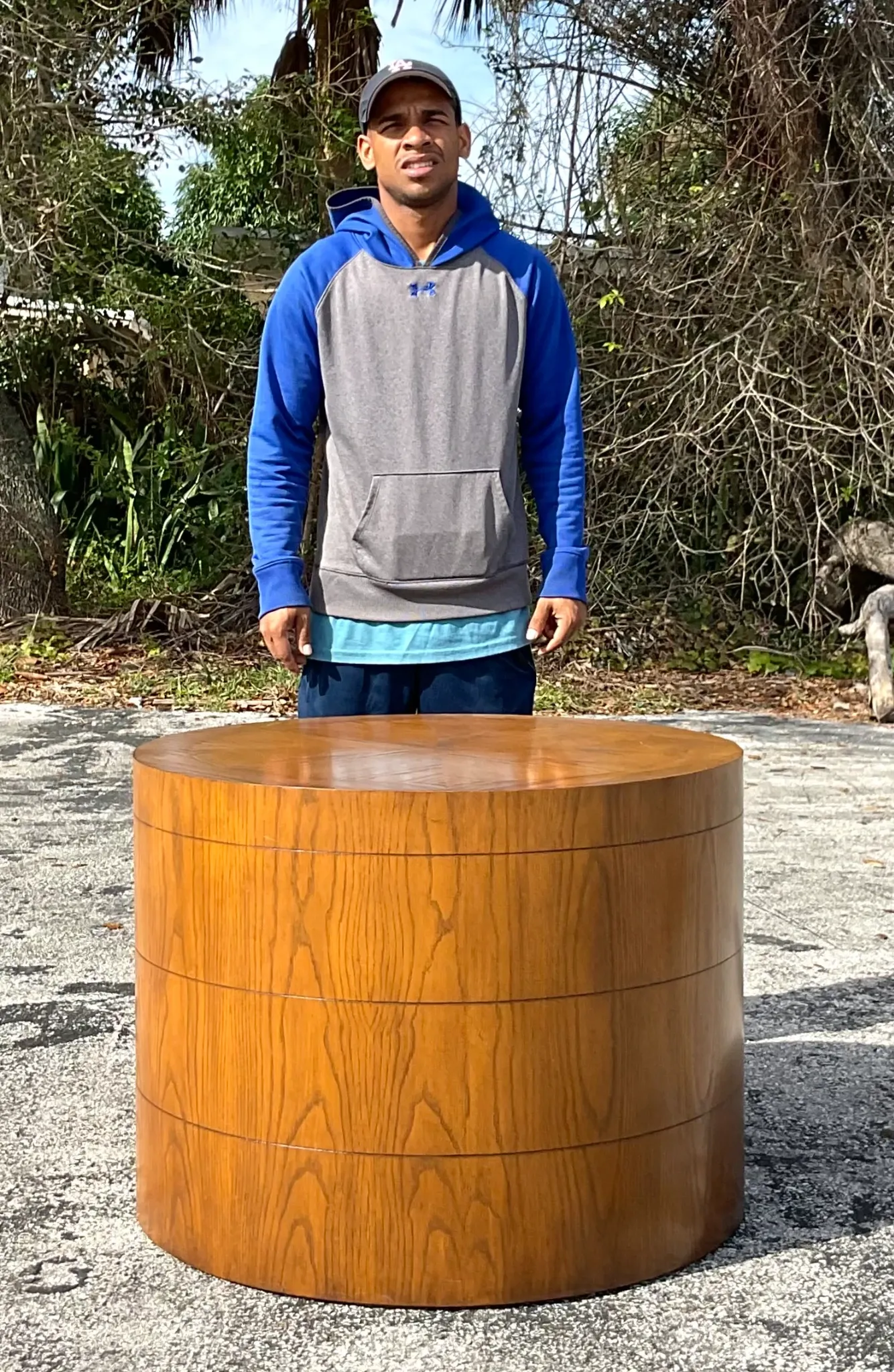 Late 20th Century Vintage Boho Three Band Wood Drum Table — additional photo 1