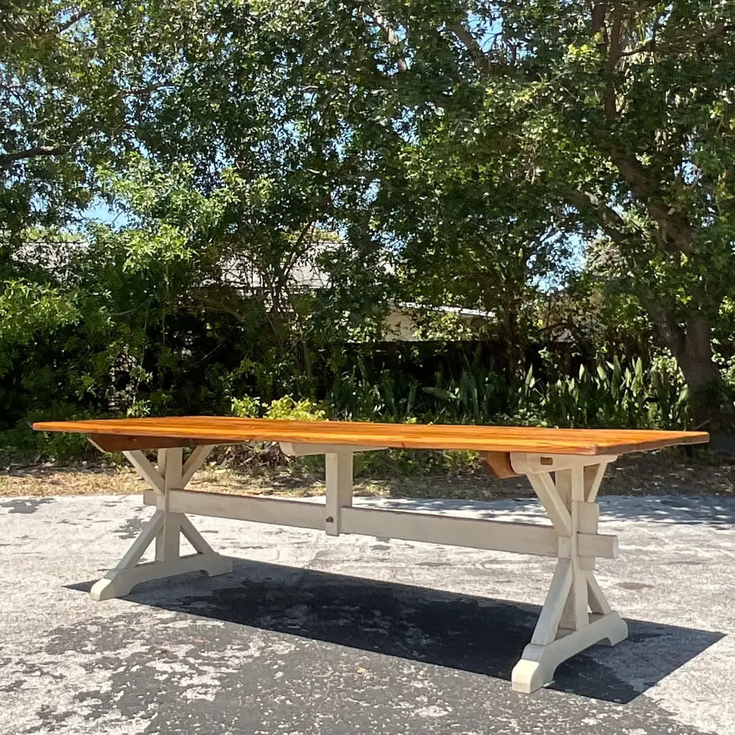 Late 20th Century Vintage Boho Trestle Plank Farm Table — additional photo 2