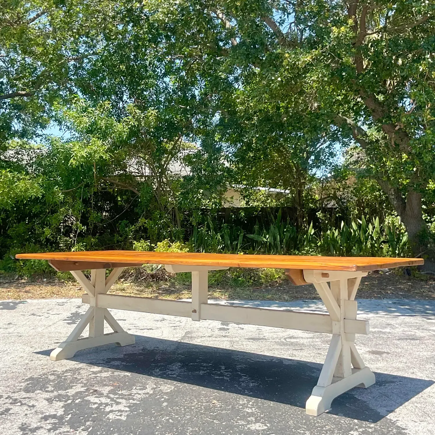 Late 20th Century Vintage Boho Trestle Plank Farm Table — additional photo 3